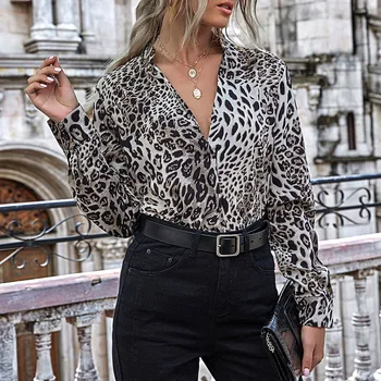 Sexy Leopard Tričko Ženy Office Módy V Krku Tlač, Blúzky, Dámske Jarné 2021 Dlhý Rukáv Topy Elegantné Khaki Košele Šedá Retro