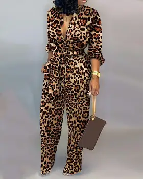 Sexy Leopard Viazaná Pás Dlhý Rukáv Kombinézach Remienky Nohavice