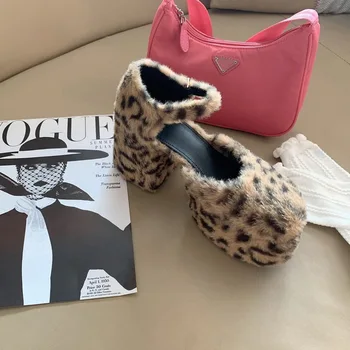 Sexy Leopard Vysoké Podpätky Ženy Čerpadlá Kolo Prst Hrubé Päty Mária Topánky Ženy Nepremokavé Platformu Zapatos De Mujer