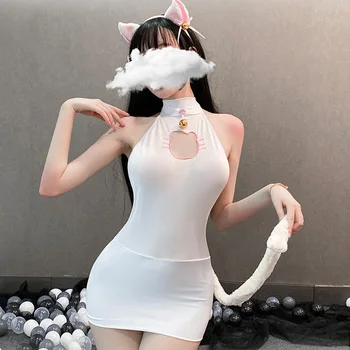 Sexy Mačka Dievča Cosplay Kostým Neko Kombinézu Oblečenie Pre Ženy, Sladké Lolita Anime Duté Z Hrudníka Šaty S Chvost Priesvitný Set Spodnej Bielizne