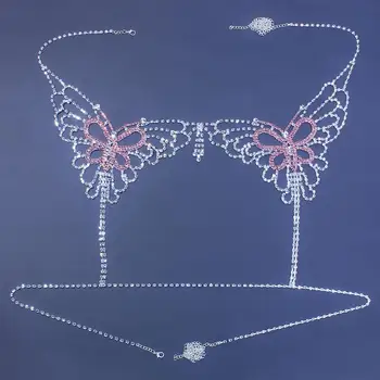 Sexy Motýľ Drahokamu Reťazca Telo priesvitný Set spodnej Bielizne Šperky pre Ženy Crystal Ružová Veľký motýľ telo reťazca podprsenka a tangá postroj