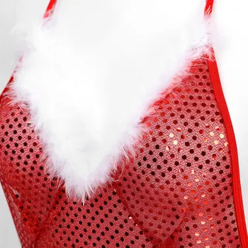 Sexy Nové Módne Ženy Flitrami Pierko Výbava Otvorte Zadný Hlboké V Uväzovaním Za Krk Erotické Spodné Prádlo Kombinézu Vianočné Santa Spodná Bielizeň