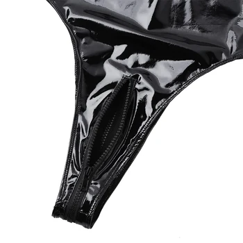 Sexy Patent Kožené Spodné Prádlo Kombinézu Jeden Kus Hot Plavky Ženy Sieťovina Poprsie Celé Plavky S Uväzovaním Za Krk Zips Otvorené Rozkroku Trikot