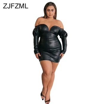 Sexy PU Kožené Plus Veľkosť Šaty Žien Mimo Ramenný Chudá Mini Čierne Šaty 2021 Jar Lístkového Rukáv Backless Bodycon Klub Šaty