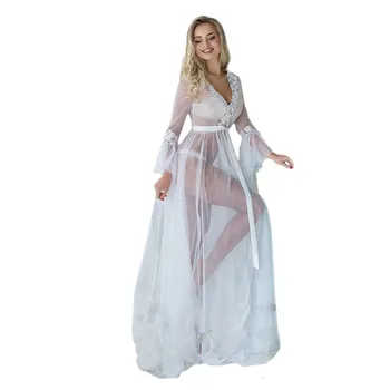 Sexy Sleepwear pre Ženy Nightgowns Ultra Tenké Čipky Oka Dámy Odev Dlhým rukávom Nightdress Halena Pyžamo sexi Femme#W