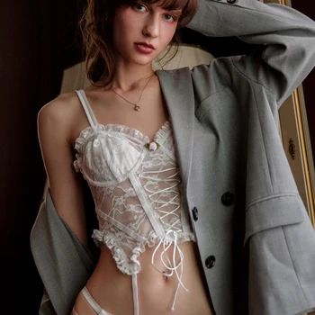 Sexy spodnú bielizeň nastaviť čipky pohľadu podväzkový pás underwire vesta podprsenka sady pyžamo transparentné pokušenie žien tenké bielizeň