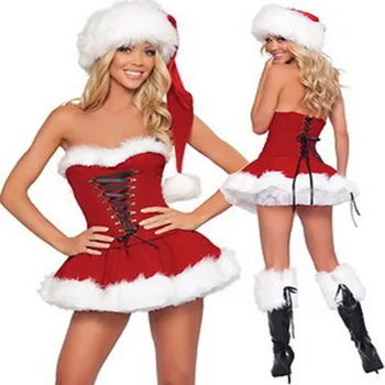 Sexy Vianočný Kostým Hrubé Velvet Santa Cosplay Vyhovovali Erotické Baby Doll Slúžka Jednotné Vianočné Party Šaty, Oblečenie Pre Ženy