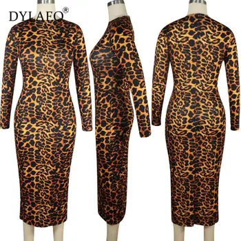 Sexy Zrastov Leopard Tlač Jeseň Zimné Šaty Žien Vianočné Tenký Dlhý Rukáv Noc Strany Klubu Šaty Bodycon Maxi Šaty