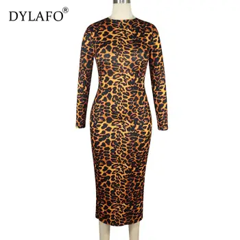 Sexy Zrastov Leopard Tlač Jeseň Zimné Šaty Žien Vianočné Tenký Dlhý Rukáv Noc Strany Klubu Šaty Bodycon Maxi Šaty