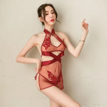 Sexy Čínsky Kvetinové Výšivky Šaty Vintage Pracky Otvoriť Hrudník Cheongsam Babydoll Šaty Žakárové Bočné Split Šaty