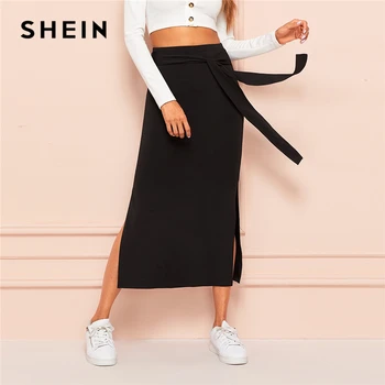 SHEIN Kravatu Pás Split Bočné Pevné Sukne 2019 Black Plnej Dĺžke Uzol Jar Jeseň Shift Vysoký Pás Rovno Sexy Sukne