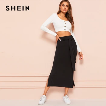 SHEIN Kravatu Pás Split Bočné Pevné Sukne 2019 Black Plnej Dĺžke Uzol Jar Jeseň Shift Vysoký Pás Rovno Sexy Sukne