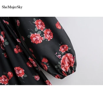 SheMujerSky Ženy Jeseň Čierne Dlhé Šaty s Dlhým Rukávom Kvetinový Tlač Nepravidelný Lem Maxi Šaty 2019 vestidos