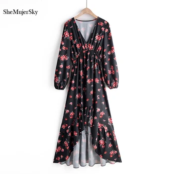 SheMujerSky Ženy Jeseň Čierne Dlhé Šaty s Dlhým Rukávom Kvetinový Tlač Nepravidelný Lem Maxi Šaty 2019 vestidos