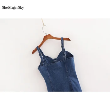 SheMujerSky Ženy, Modrá Denim Špagety Popruh Šaty Letné Tlačidlá Mini Šaty 2020 Backless Módne Šaty jurken