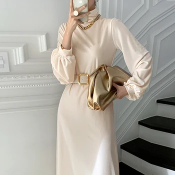 SHENGPALAE Zamatové Šaty dámske Jarné 2021 Nové Turtleneck francúzsky Elegantné Slim Fit s Dlhým Rukávom Čierne Šaty S Pásom 5A1242