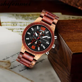 Shifenmei Mužov Drevené Hodinky Quartz Chronograf Dátum 6 Pinov náramkové hodinky Plné Drevené Hodiny Multi-funkcia Dial Muž reloj de madera