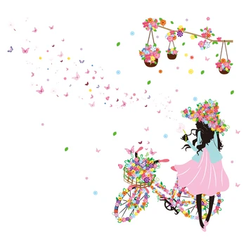 [shijuekongjian] Víla Dievča na Bicykli Samolepky na Stenu DIY Motýle, Kvety Stenu pre Deti Detská Izba Spálňa Dom Dekorácie