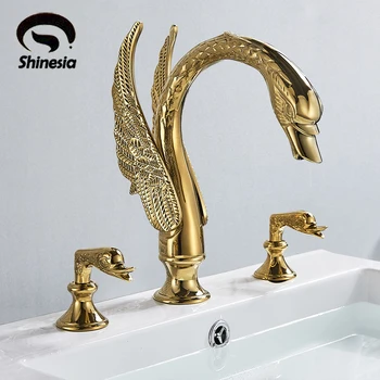 Shinesia Zlaté Luxusné Swan Povodí Kohútik 3 Otvory Kúpeľňa Umývadlo Palube Plavidla Mount Studenej a Teplej Vody, Ťuknite na položku Zmiešavač Soild Medi