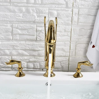 Shinesia Zlaté Luxusné Swan Povodí Kohútik 3 Otvory Kúpeľňa Umývadlo Palube Plavidla Mount Studenej a Teplej Vody, Ťuknite na položku Zmiešavač Soild Medi