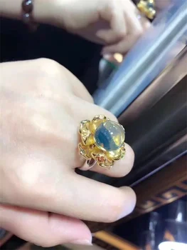 SHIQING Skutočný drahokam prírody modrá žltá veľký kvet zlatá farba luxusný strieborný prsteň pre ženy
