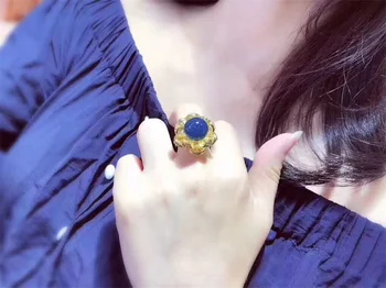 SHIQING Skutočný drahokam prírody modrá žltá veľký kvet zlatá farba luxusný strieborný prsteň pre ženy