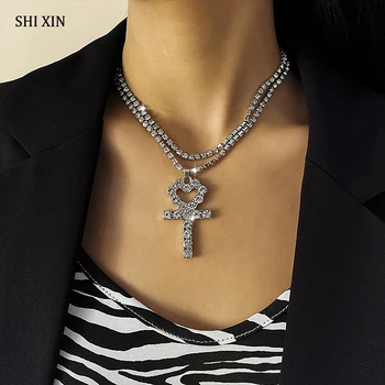 SHIXIN Vrstvený Lesklé Plný Spevnené Kamienkami Reťazca Náhrdelník pre Ženy Crystal Egypt Kríž Ankh Kľúčový Prívesok, Náhrdelníky Krku Šperky