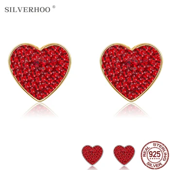 SILVERHOO Little Red Heart-Shape Stud Náušnice Pre Ženy 925 Sterling Silver Luxusné Rakúsko Krištáľové Náušnice Dievča, Darček k Narodeninám