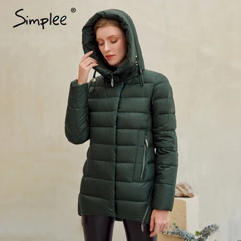 Simplee 2020 nové kapucňou ženy zimné parkas Elegantné Dlhé teplé bavlna kabát ženské Módne značky žien bunda, kabát tmavo zelená