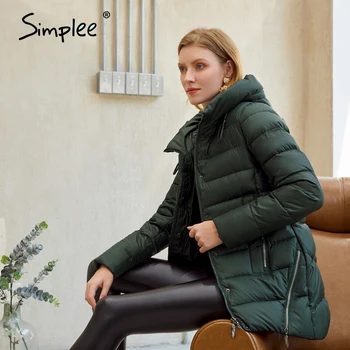 Simplee 2020 nové kapucňou ženy zimné parkas Elegantné Dlhé teplé bavlna kabát ženské Módne značky žien bunda, kabát tmavo zelená