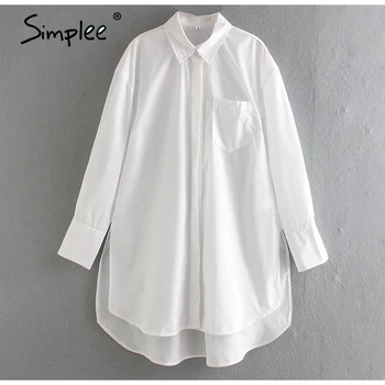 Simplee 2021 Základné biele ženské košele Bežné elegantné štrbinou žena tričko Jar leto biele tričko voľné outwear topy pre dámy