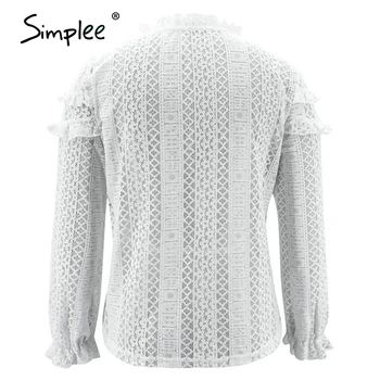 Simplee Pevné bežné tvaru šitie tričko dámske biele dlhé rukávy čipky, blúzky, Elegantná móda jar jeseň žena topy nové