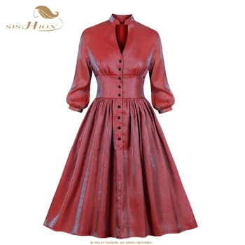 SISHION Červená Swing Vintage Šaty SP1176 2021 Bežné Dlhý Rukáv Jeseň Kovový Lesk Žien Šaty Ropa Mujer