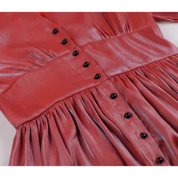 SISHION Červená Swing Vintage Šaty SP1176 2021 Bežné Dlhý Rukáv Jeseň Kovový Lesk Žien Šaty Ropa Mujer