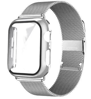 Sklo+Puzdro+pútko pre Apple hodinky kapela 44 mm 40 mm iwatch kapela 38mm 42mm Príslušenstvo Kovové Milanese slučky náramok série 6 5 4 3 se