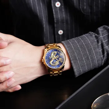 SKMEI Luxusné Značky Mužov Sledovať Zlatý Čínsky Drak Quartz Hodinky Vodotesné Dátum Displej Full Oceľ Remienok Náramkové hodinky Muž Hodiny