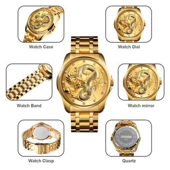 SKMEI Luxusné Značky Mužov Sledovať Zlatý Čínsky Drak Quartz Hodinky Vodotesné Dátum Displej Full Oceľ Remienok Náramkové hodinky Muž Hodiny