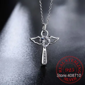 Skutočné 925 Sterling Silver Ježiš Kríž Náhrdelník Jemné Šperky Dvojité Anjel Krídla Srdce Zirconia Prívesok Náhrdelník Dovolenku Predaj
