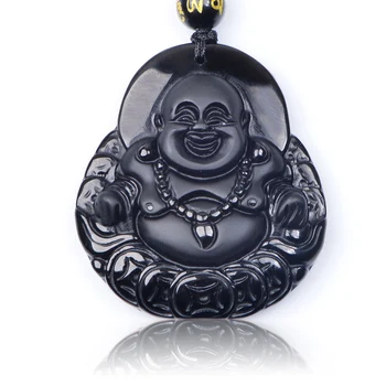Skutočné Prírodné Obsidian Smeje Peniaze Buddha Prívesok Náhrdelník Korálky Patróna Amulet Maskot šťastie Prívesok pre Mužov Šperky