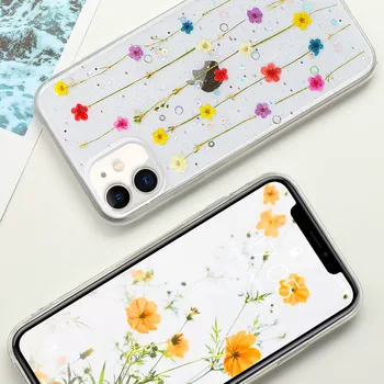 Skutočné Sušené kvety Jasný Lesk puzdro pre IPhone 11 Pro Max X XR XS 7 8 Plus 6S 6 SE2020 Mäkký Silikónový Transparentný Kryt Telefónu