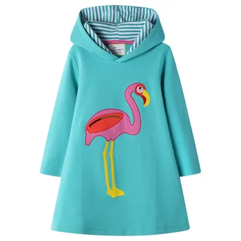 Skákanie Metrov Nášivka Flamingo Princezná Hoody Šaty S Dlhým Rukávom Bavlna Deti Oblečenie Na Jeseň Zima Školy Šaty