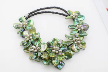 Sladkovodná perla biela/fialová, modrá/zelená/čierna ryža a shell kvetina náhrdelník 18-palcové prírody ručné veľkoobchod FPPJ
