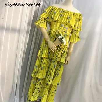Slash golier žltá skladaný šaty žena 2020 Nové letné beach prehrabať kvetinový vytlačené maxi šaty žena dráhy dizajn samostatne vestido