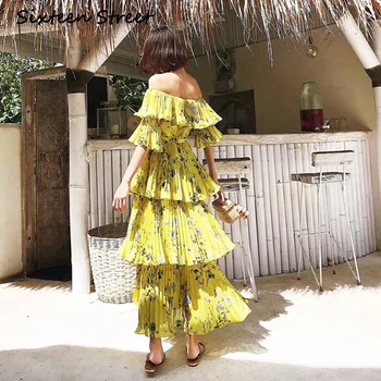Slash golier žltá skladaný šaty žena 2020 Nové letné beach prehrabať kvetinový vytlačené maxi šaty žena dráhy dizajn samostatne vestido