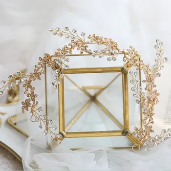 SLBRIDAL Ručné Zlaté Káblové Kamienkami Crystal Svadobná Čelenka Svadobné Vlasy Viniča Vlasy Príslušenstvo Družičky Ženy Šperky