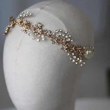 SLBRIDAL Ručné Zlaté Káblové Kamienkami Crystal Svadobná Čelenka Svadobné Vlasy Viniča Vlasy Príslušenstvo Družičky Ženy Šperky