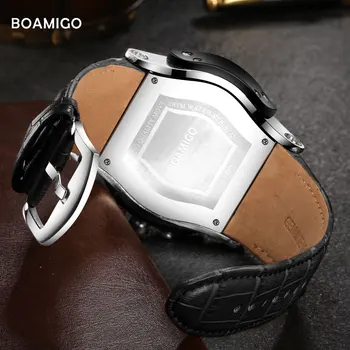 Sledujte Muži Luxusné BOAMIGO Mužov Značky Quartz Hodinky Veľké Dial Kožené náramkové hodinky Auto Dátum Nepremokavé Hodiny Relogio Masculino