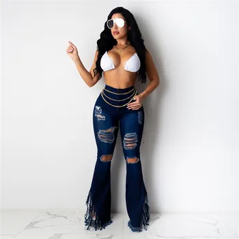 Slim Fitness Džínsy Obličkového Nohavice 2020 Sexy Ženy, Strapce Roztrhlo s Vysokým pásom Volánikmi Denim Džínsy Otvory Zničené Femme Streetwear