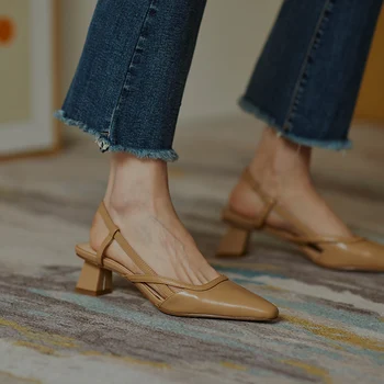 Slingbacks topánky žien na plný kožené 4,5 cm med päty sladkých dievčat, plytké gumičky sandál ženy letné topánky HEB05 MUYISEXI