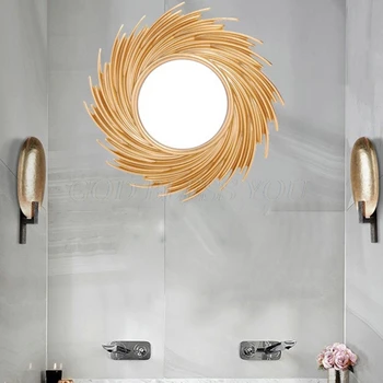 Slnko Tvar Dekoratívne Zrkadlo Ratan Inovatívne Umenie Dekorácie Kolo Make-Up Zrkadlo, Toaletný Kúpeľňa Stene Visí Zrkadlo